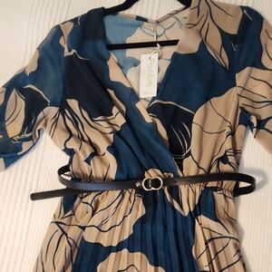 Women's Floral Wrap Dress - Blue and Tan